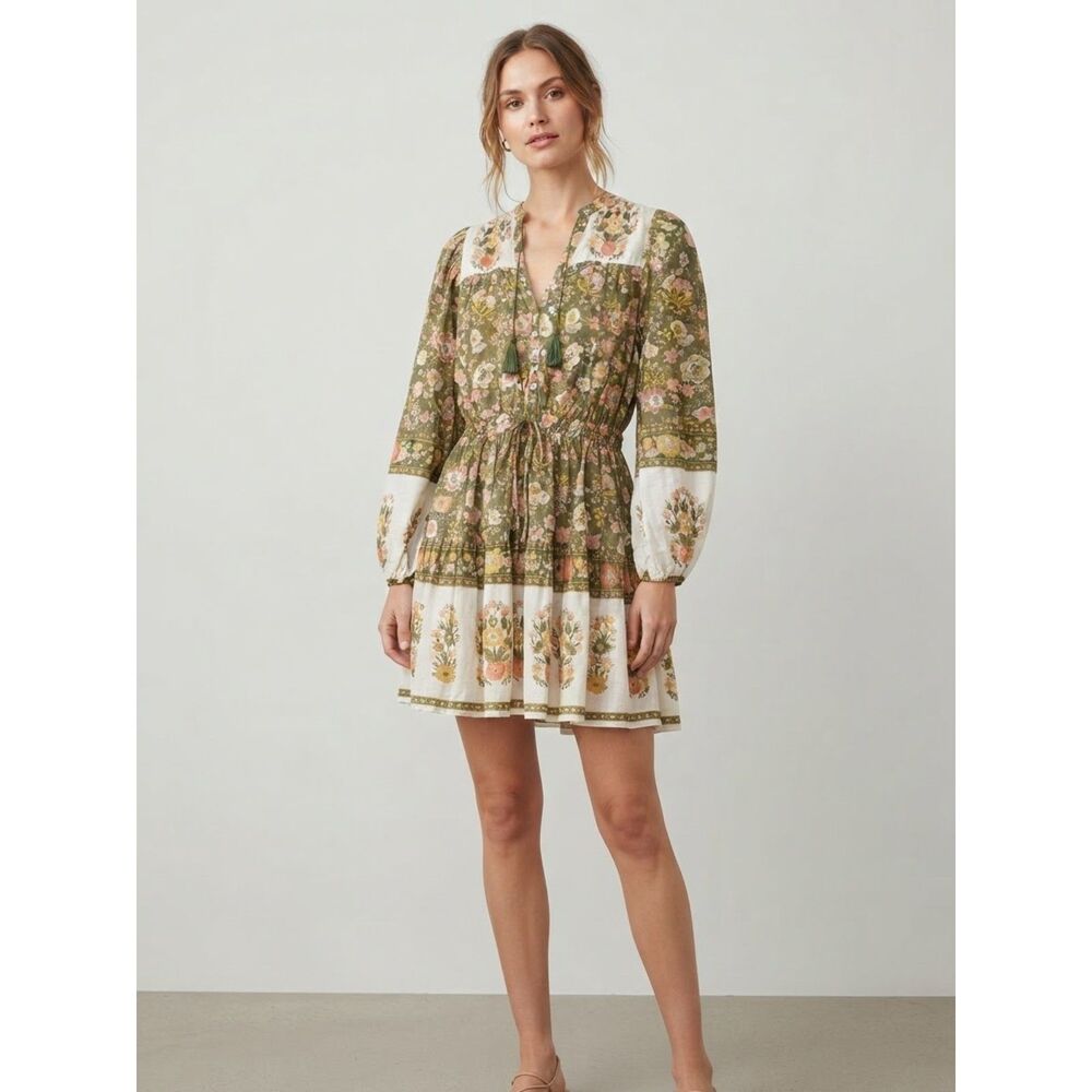 Elan Olive Green Floral Boho Tassel Smocked Tiered Mini Dress Small Cottage